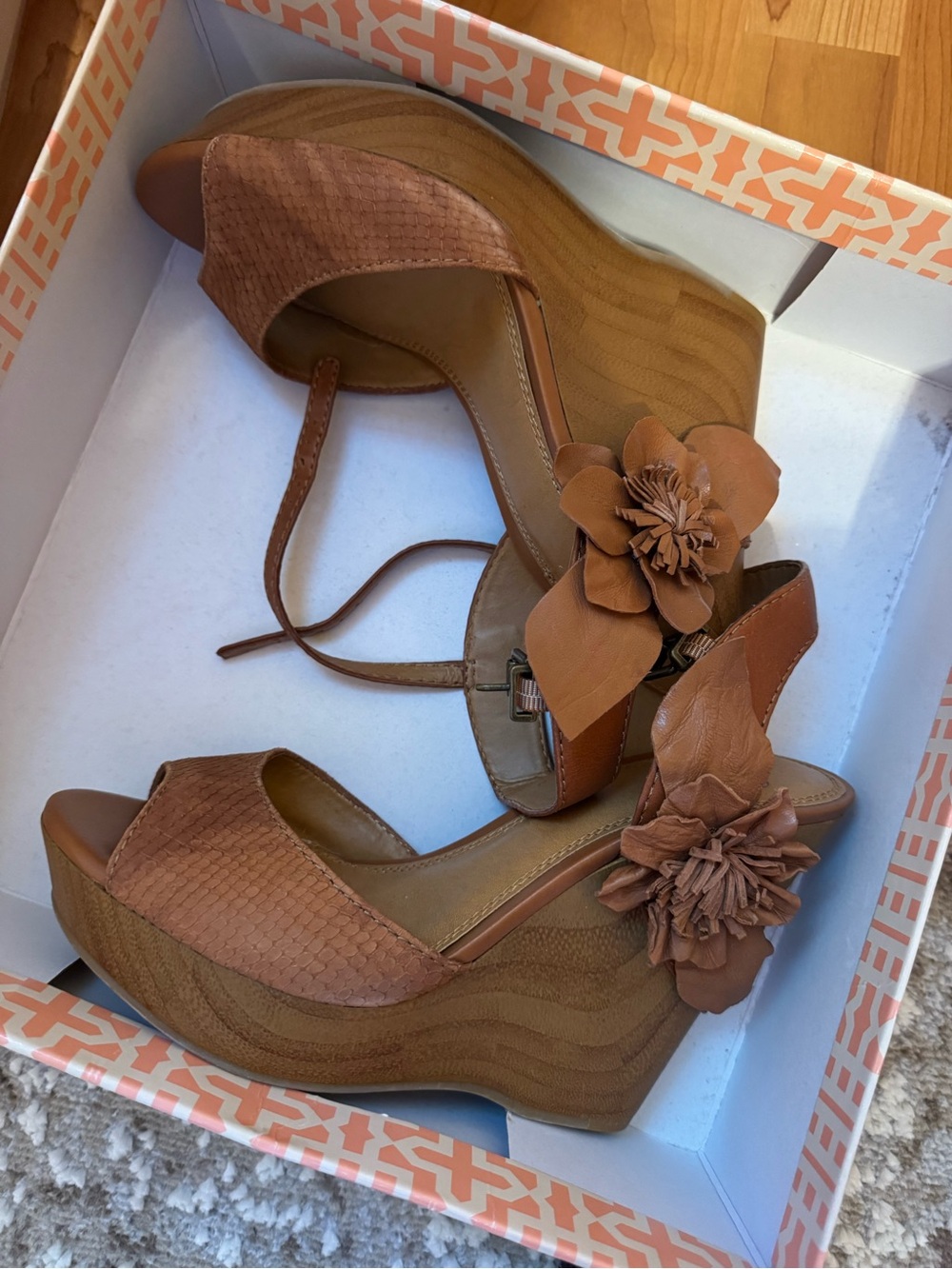 Gianni Bini Tan Floral Wedge Sandals